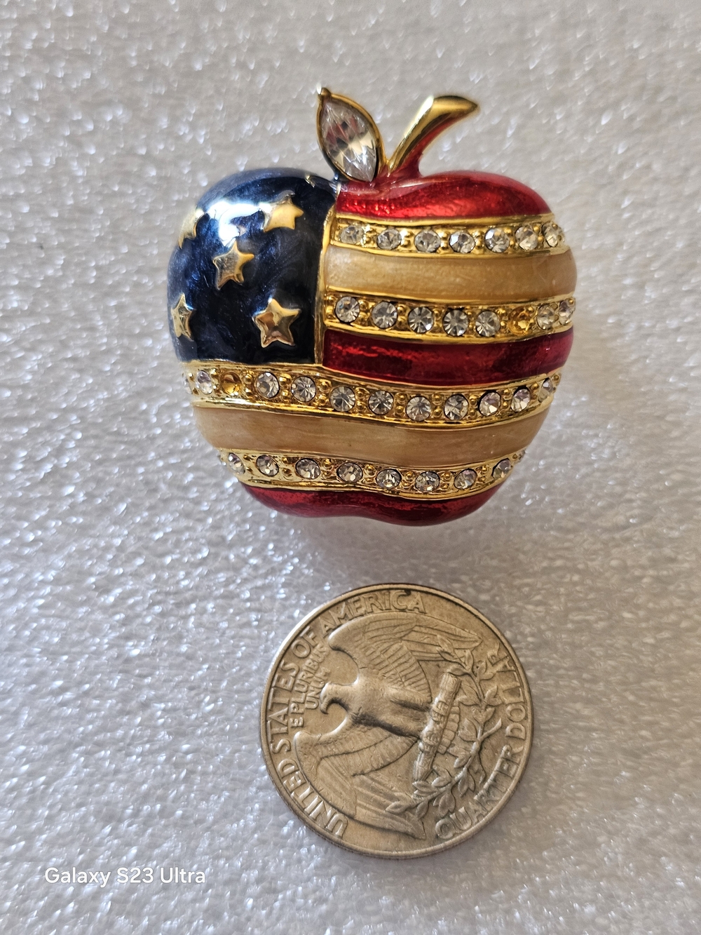 Patriotic Apple Crystal Brooch Pin - Red, Blue & Gold